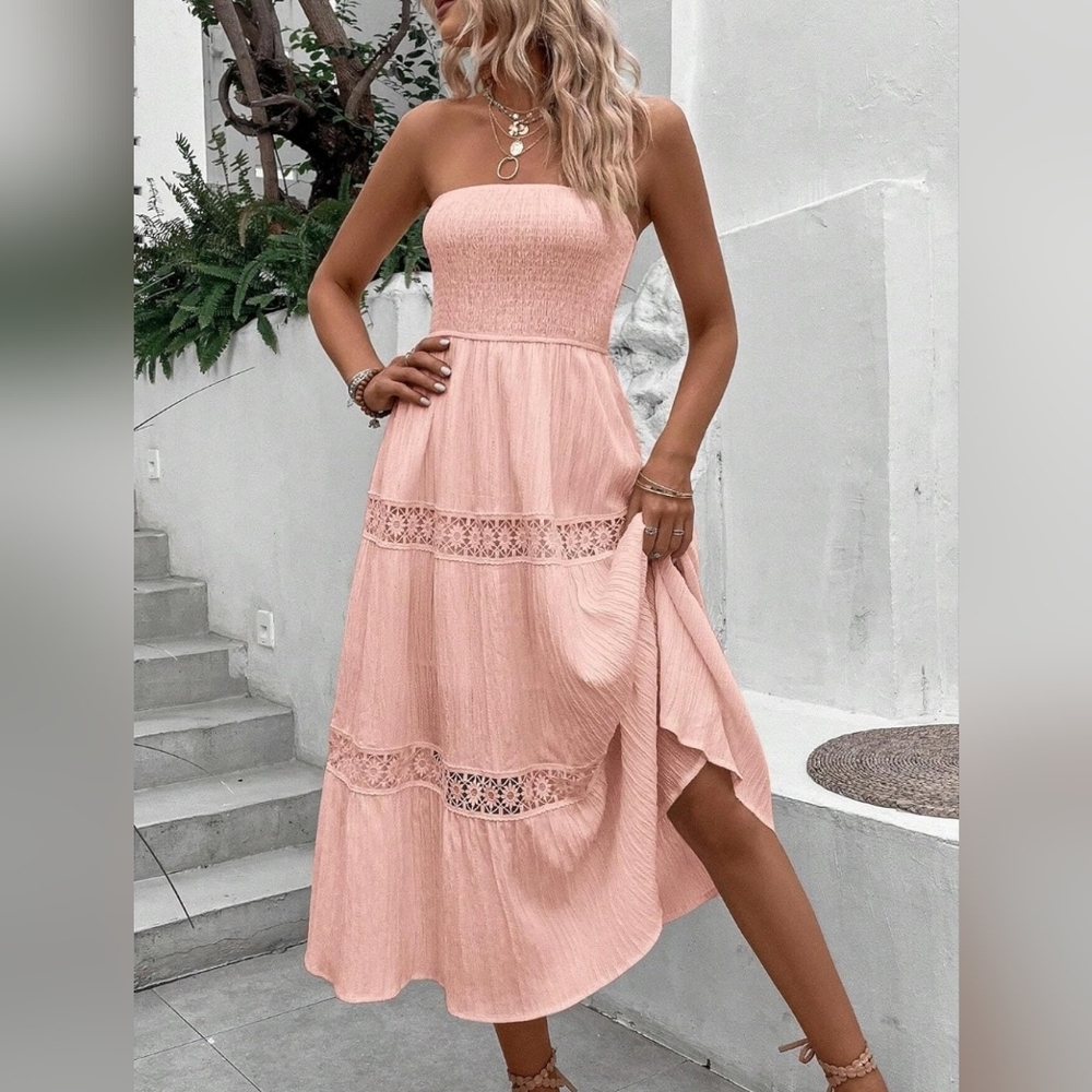 New Boho Embroidered Lace Strapless Tube Top Midi Dress Light Pink - Picture 4 of 7